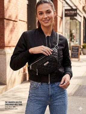 Steve Madden Black Quilted Leather Crossbody Waist Bag with Silver Chain